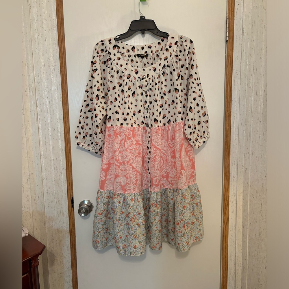 ODDY Mixed-Print Tiered Dress in White, Pink, and Light Blue